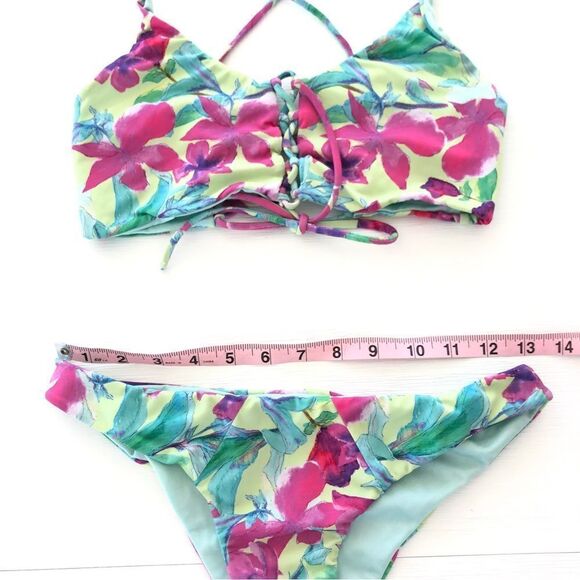 Floral Bikini Lace Up Tank Top With Cheeky Bottom 2-Piece Swimwear Green Pink S - Picture 6 of 7